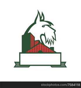 Sports mascot icon illustration of head of a Scottish Terrier, Aberdeen Terrier or Scottie dog viewed from side with tartan plaid cladded building or house on isolated background in retro style.. Scottish Terrier Tartan Building Mascot