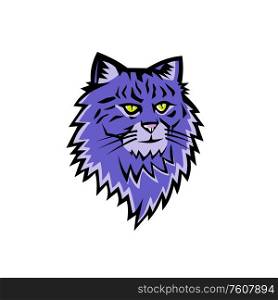 Sports mascot icon illustration of head of a Siberian Forest Cat, Moscow Semi-longhair, or Neva Masquerade, a medium to large size cat viewed from front on isolated background in retro style.. Siberian Forest Cat Mascot