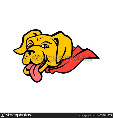 Sports mascot icon illustration of head of a super yellow labrador retriever dog wearing a red cape with tongue out  viewed from side on isolated background in color retro style.. Super Yellow Labrador Retriever Wearing Cape Mascot