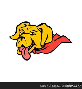 Sports mascot icon illustration of head of a super yellow labrador retriever dog wearing a red cape with tongue out  viewed from side on isolated background in color retro style.. Super Yellow Labrador Retriever Wearing Cape Mascot