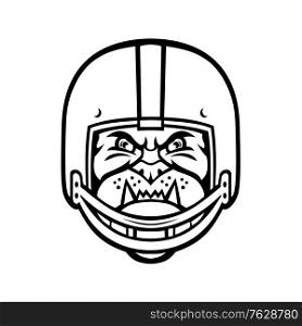 Sports mascot illustration of head of a bulldog wearing an American football or gridiron helmet viewed from front on isolated background in black and white retro style.. Bulldog Wearing American Football Helmet Front View Mascot Black and White