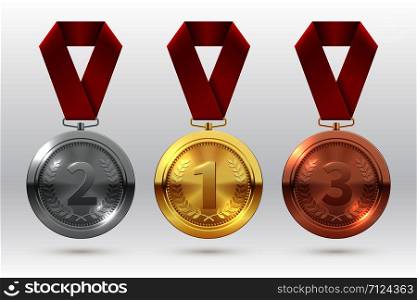 Sports medals. Golden silver bronze medal with red ribbon. Champion winner awards of honor vector isolated template. Illustration of championship trophy, champion medal of set. Sports medals. Golden silver bronze medal with red ribbon. Champion winner awards of honor vector isolated template
