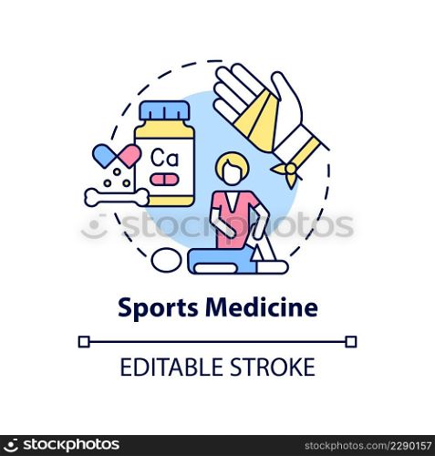 Sports medicine concept icon. Athlete support. Medical center service abstract idea thin line illustration. Isolated outline drawing. Editable stroke. Arial, Myriad Pro-Bold fonts used. Sports medicine concept icon