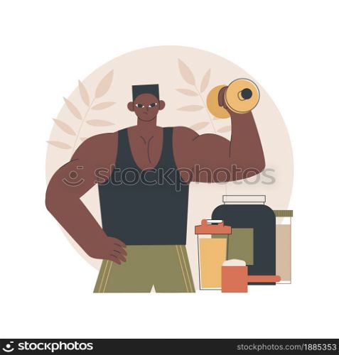Sports nutrition abstract concept vector illustration. Sports supplements, ergogenic aids use, protein cocktail, nutrition discipline, healthy lifestyle, low holesterole food abstract metaphor.. Sports nutrition abstract concept vector illustration.
