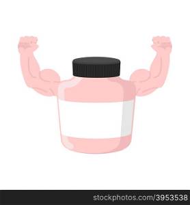 Sports nutrition Bank container bodybuilder Shows big biceps. Vector illustration&#xA;