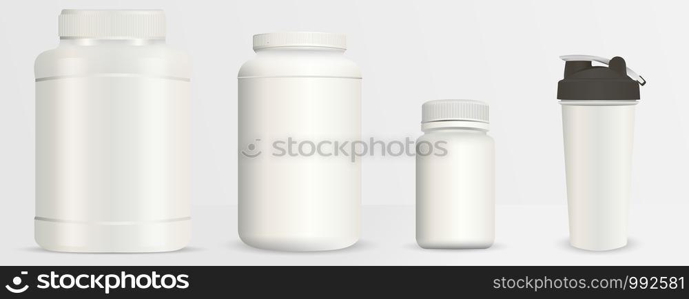 Sports nutrition bottles mockup set. Realistic blank vector illustration. Milk white plastic containers pack. Protein powder can, Shaker Cup, bcaa bottle, gainer jar. Gym energy diet.. Sports bottles mockup set. Realistic vector