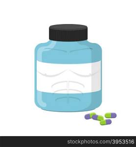 Sports nutrition container, bodybuilding supplements. Dope capsules. Vector illustration&#xA;
