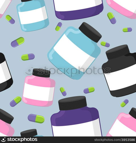 Sports nutrition container seamless pattern. Protein and pills. Vector background of sports supplements for bodybuilding.&#xA;