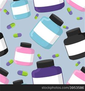 Sports nutrition container seamless pattern. Protein and pills. Vector background of sports supplements for bodybuilding.&#xA;