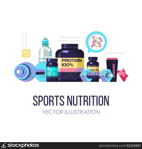 Sports nutrition. Fitness. Protein, shakers, dumbbell, energy drinks. Set of design elements. Vector illustration isolated on white background.
