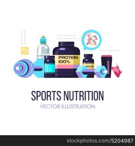 Sports nutrition. Fitness. Protein, shakers, dumbbell, energy drinks. Set of design elements. Vector illustration isolated on white background.