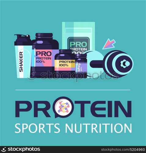 Sports nutrition. Fitness. Protein, shakers, dumbbell, energy drinks. Set of design elements. Vector illustration.