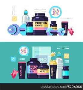 Sports nutrition. Fitness. Protein, shakers, dumbbell, energy drinks. Vector illustration. Set of design elements.