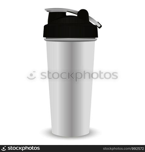 Sports nutrition protein shaker bottle template. White jar with black lid for gym and fitness. Quality vector illustration easy to modify.. Sports nutrition protein shaker bottle template