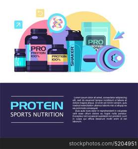 Sports nutrition. Protein, shakers, dumbbell, energy drinks. Set of design elements.
