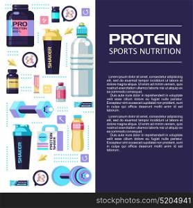 Sports nutrition. Protein, shakers, dumbbell, energy drinks. Vector illustration. Set of design elements.
