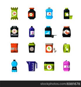 Sports nutrition supplements and protein flat icons. Energy drink and power bar vector symbols. Power energy for fitness and drink for sport illustration. Sports nutrition supplements and protein flat icons. Energy drink and power bar vector symbols