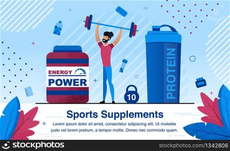 Sports Nutrition Supplements for Energy Revival and Physical Power Growth Trendy Flat Vector Advertising Banner, Poster Template. African-American Man, Male Athlete Puling Barbell in Gym Illustration