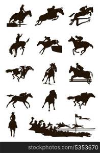 Sports on horses. Black silhouettes of horses on a white background. A vector illustration