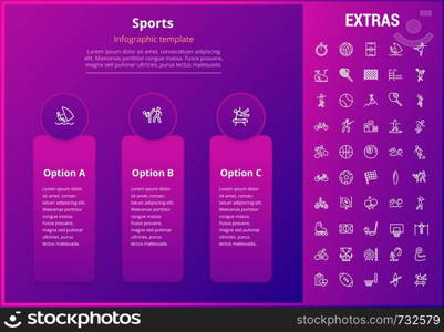 Sports options infographic template, elements and icons. Infograph includes line icon set with sport equipment, sports field, competitive games, pedestal, leisure activities, training exercise etc.. Sports infographic template, elements and icons.