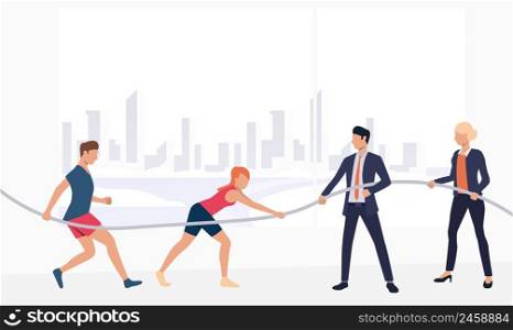Sports people competing against business representatives. Male and female cartoon characters pulling on opposite ends of rope in city. Vector illustration for banner, postcard, poster