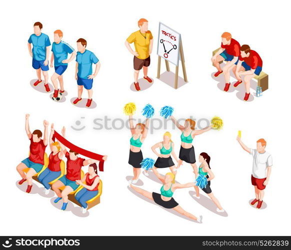 Sports Performer Characters Set. Sport teamwork championship competition with human characters of football players fans cheerleaders field judge and coach vector illustration