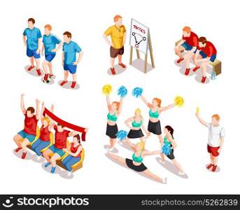 Sports Performer Characters Set. Sport teamwork championship competition with human characters of football players fans cheerleaders field judge and coach vector illustration
