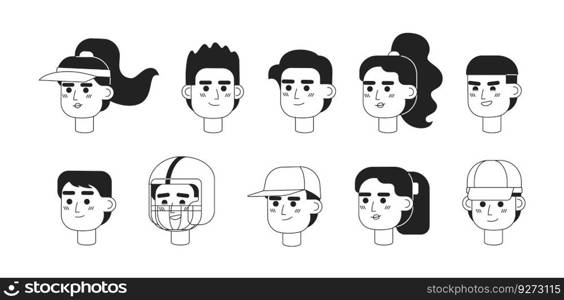 Sports players monochrome flat linear character heads bundle. Athletic women and men. Editable outline people icons. Line users faces. 2D cartoon spot vector avatar illustration pack for animation. Sports players monochrome flat linear character heads bundle