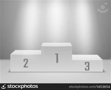 Sports podium. Empty white winners pedestal with spotlights. First, second and third place, sport victory award ceremony vector competition concept. Sports podium. Empty white winners pedestal with spotlights. First, second and third place, sport victory award ceremony vector concept
