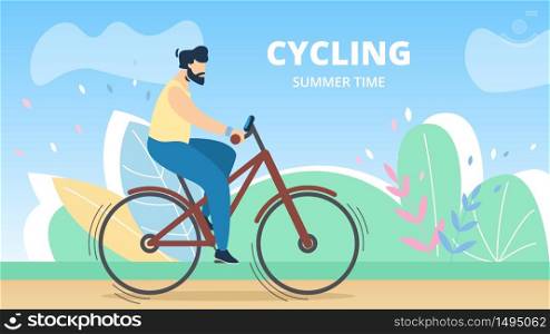 Sports Poster Cycling Summer Time, Lettering. Poster Mountain Biking is an Extreme Sport. Flyer Summer Sport for Active Urban People. Banner Man Travels by Bike. Vector Illustration.