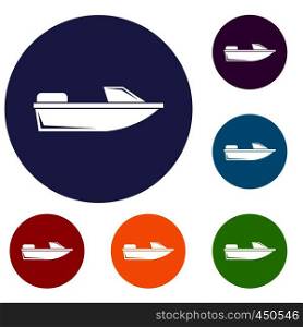 Sports powerboat icons set in flat circle reb, blue and green color for web. Sports powerboat icons set