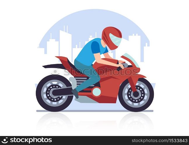 Sports racing motorcycle. Racer against backdrop of cityscape rushes at high speed on red big heavy motorbike cartoon flat style illustration on white background. Sports racing motorcycle. Racer against backdrop of cityscape rushes at high speed on red motorbike cartoon flat style illustration on white background