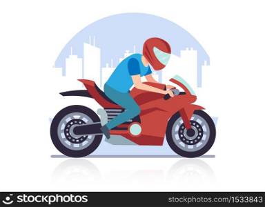 Sports racing motorcycle. Racer against backdrop of cityscape rushes at high speed on red big heavy motorbike cartoon flat style illustration on white background. Sports racing motorcycle. Racer against backdrop of cityscape rushes at high speed on red motorbike cartoon flat style illustration on white background