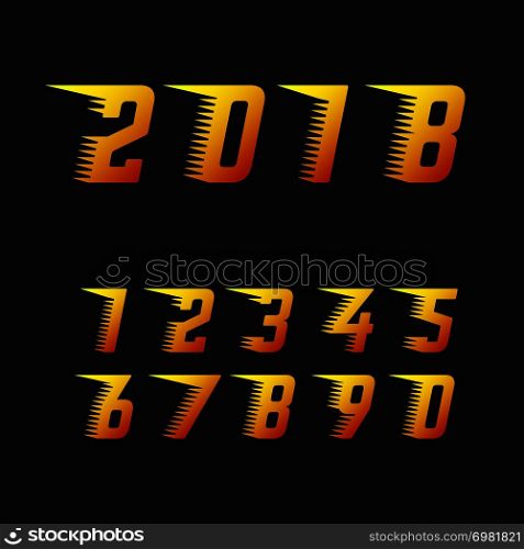 Sports racing numbers with rapid motion effect of speed lines set of vector symbols. Happy new year 2018 fiery symbol. Number for racing with rapid effect speed line illustration. Sports racing numbers with rapid motion effect of speed lines set of vector symbols. Happy new year 2018 fiery symbol