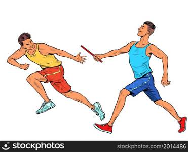 sports relay, passing the baton, men athletes race. Pop art Retro vector illustration 50e 60 style. sports relay, passing the baton, men athletes race