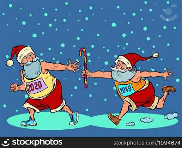 Sports relay. Santa Claus old 2019 and new 2020. Christmas and New year. Comic cartoon pop art retro vector illustration drawing. Sports relay. Santa Claus old 2019 and new 2020..Christmas and New year