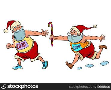 Sports relay. Santa Claus old 2019 and new 2020. Christmas and New year. Comic cartoon pop art retro vector illustration drawing. Sports relay. Santa Claus old 2019 and new 2020..Christmas and New year