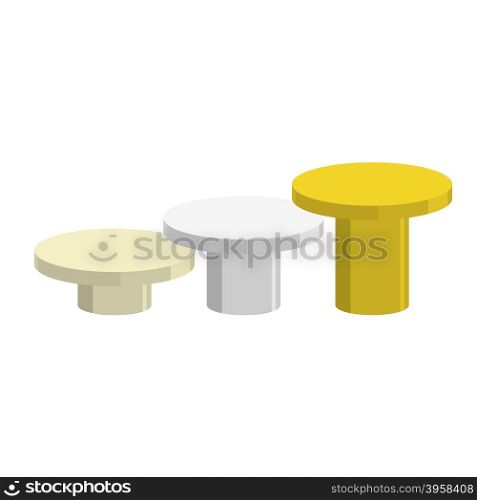 Sports Round pedestal fo winner. Prizes for achievement. Empty podium on a white background. Stairs in golden, silver and bronze color.&#xA;