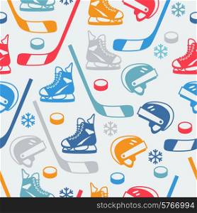 Sports seamless pattern with hockey equipment flat icons.