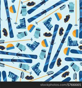 Sports seamless pattern with skiing equipment flat icons.