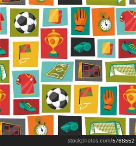 Sports seamless pattern with soccer football symbols in cartoon style.