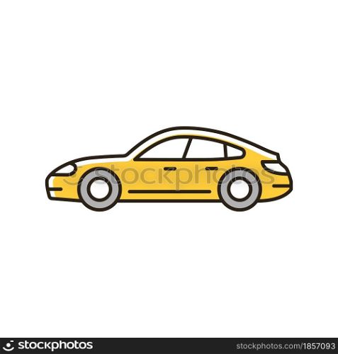 Sports sedan RGB color icon. Luxury passenger vehicle. Four-door sports automobile. Stylish performance-focused car. Auto with sporty handling. Isolated vector illustration. Simple filled line drawing. Sports sedan RGB color icon