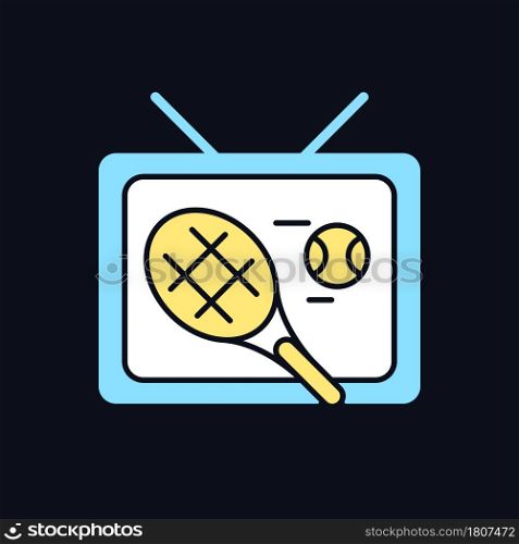 Sports show RGB color icon for dark theme. Tennis competition broadcast. TV series, program. Media display. Isolated vector illustration on night mode background. Simple filled line drawing on black. Sports show RGB color icon for dark theme