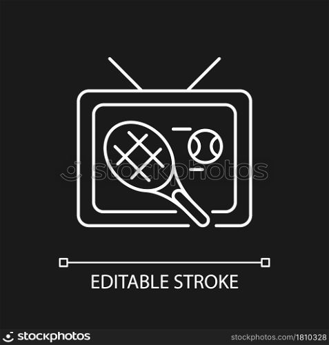 Sports show white linear icon for dark theme. Tennis competition broadcast. Media display. Thin line customizable illustration. Isolated vector contour symbol for night mode. Editable stroke. Sports show white linear icon for dark theme