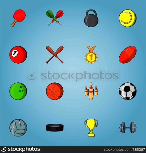 Sports stuff icons set. Cartoon illustration of 16 sports stuff vector icons for web. Sports stuff icons set, cartoon style