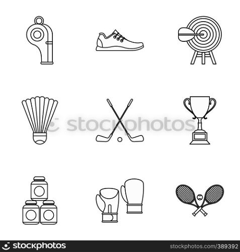 Sports stuff icons set. Outline illustration of 9 sports stuff vector icons for web. Sports stuff icons set, outline style