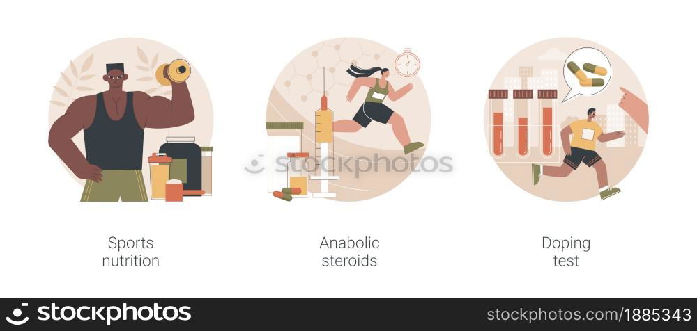 Sports supplements abstract concept vector illustration set. Sports nutrition, anabolic steroids, doping test, muscle mass, athletic performance, laboratory analysis, blood sample abstract metaphor.. Sports supplements abstract concept vector illustrations.