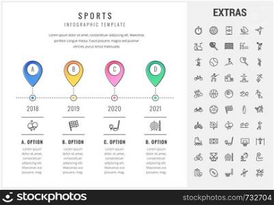 Sports timeline infographic template, elements and icons. Infograph includes options with years, line icon set with sport equipment, sports field, competitive games, pedestal, leisure activities etc.. Sports infographic template, elements and icons.