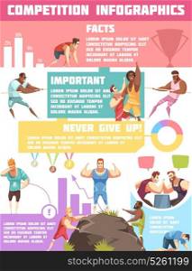 Sports Tournaments Infographic Poster. Competition infographics with male cartoon sportsman characters awards medals circular graphs thought bubbles and editable text vector illustration