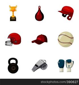 Sports training icons set. Cartoon illustration of 9 sports training vector icons for web. Sports training icons set, cartoon style